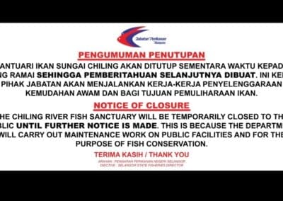 Notice of Temporary Closure of Sungai Chilling Fish Sanctuary, Hulu Selangor