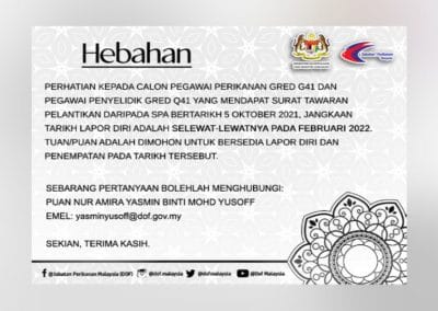 Hebahan Kepada Calon Pegawai Perikanan Gred G41 dan Pegawai Penyelidik Gred Q41.
