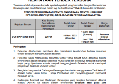 Tender Perkhidmatan Penyelenggaraan Menyeluruh Bot KPS Semilang VI (P306) Bagi Jabatan Perikanan Malaysia.